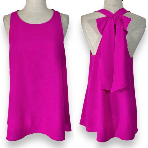Fuchsia pink sleeveless bow top, women's small flowy crepe swing top blouse - Picture 1 of 8
